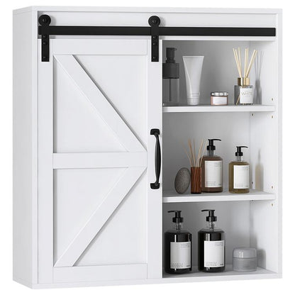 White bathroom medicine cabinet with sliding door open, exposed shelves inside