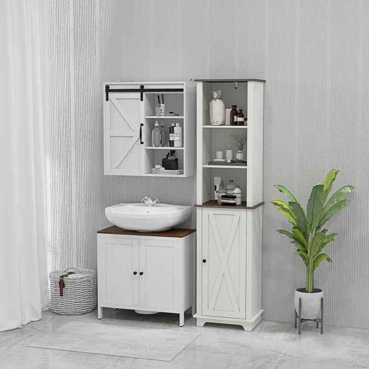 White wall medicine cabinet with sliding door open and adjustable interior shelves