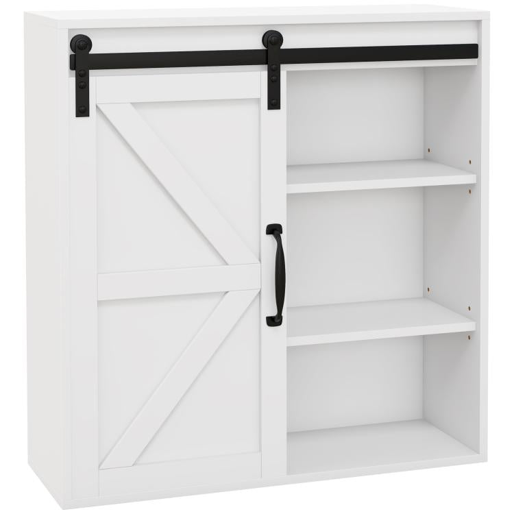 White bathroom wall medicine cabinet with sliding door, black knobs, and adjustable shelves