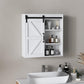 White wall medicine cabinet with sliding door open, bathroom items on shelves