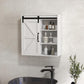 White wall medicine cabinet with sliding door open, bottles and dispenser on shelves