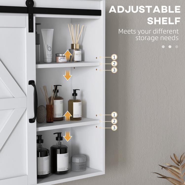White bathroom medicine cabinet with adjustable shelves, open sliding door
