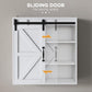 White bathroom medicine cabinet with sliding door open, adjustable interior shelves
