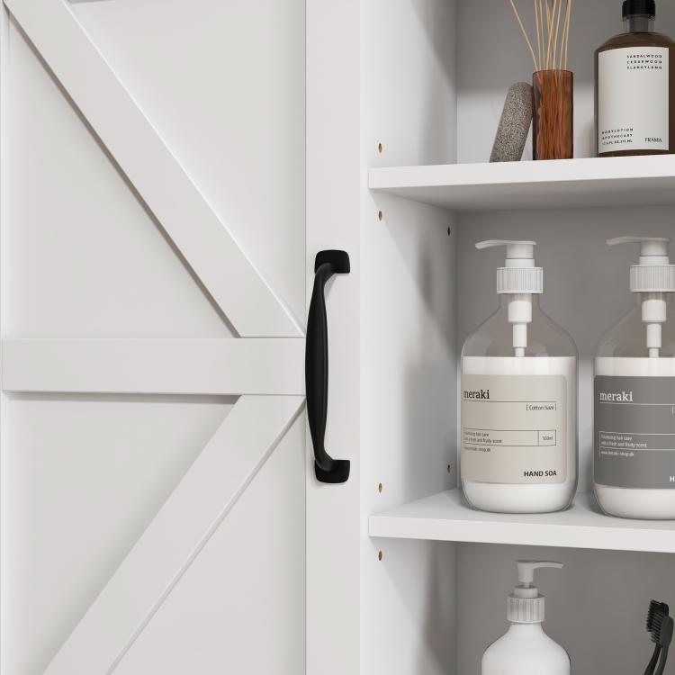 White medicine cabinet close-up with black handle and soap bottles on shelf