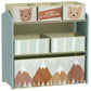 Green kids toy organizer with 6 bins and animal print drawers on front