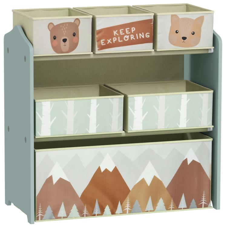 Green kids toy organizer with 6 bins and animal print drawers on front