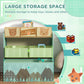 Green toy organizer with multiple open compartments and tree-pattern fabric bins