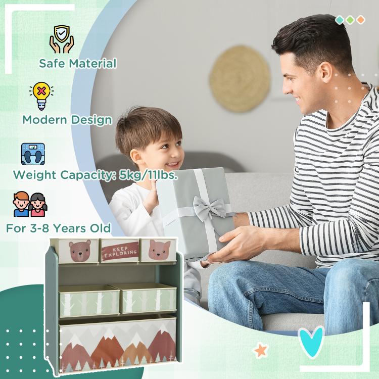 Green kids toy organizer with sturdy shelves and animal print storage bins