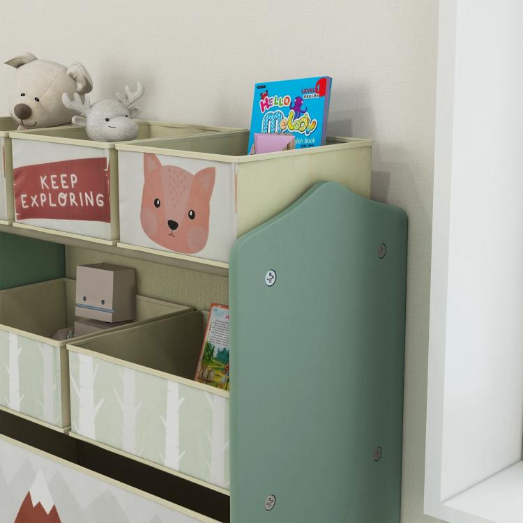 Green toy organizer with side panel and animal print fabric bins on shelves