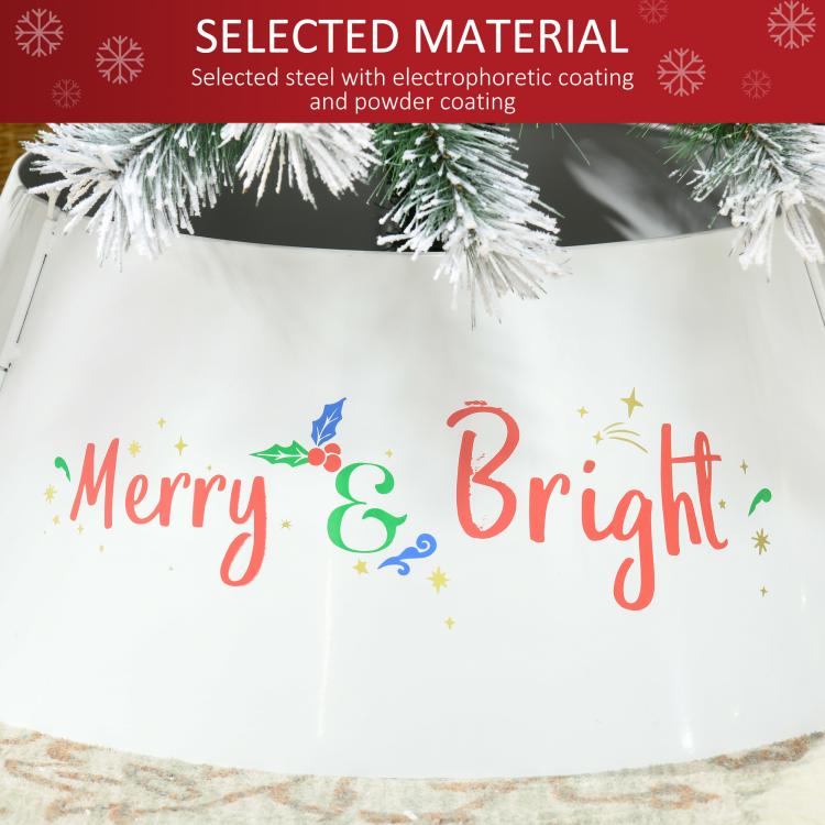 Cream white metal tree skirt close-up with “Merry & Bright” colorful lettering