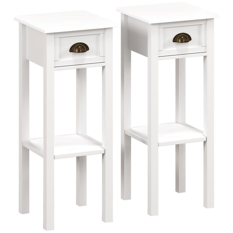 Pair of white end tables with drawers and lower shelves