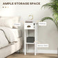White side table showing top, drawer, and bottom shelf storage layout in room setting.