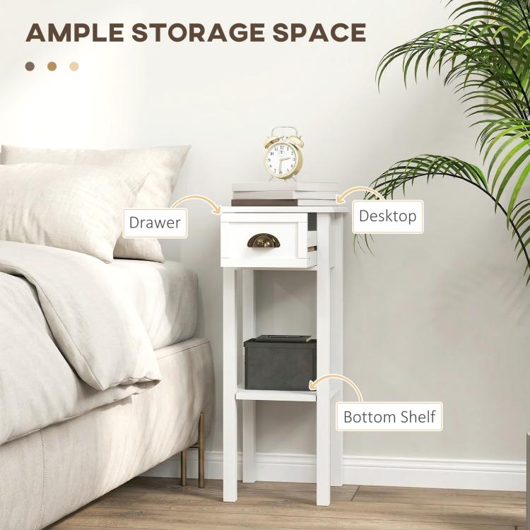 White side table showing top, drawer, and bottom shelf storage layout in room setting.