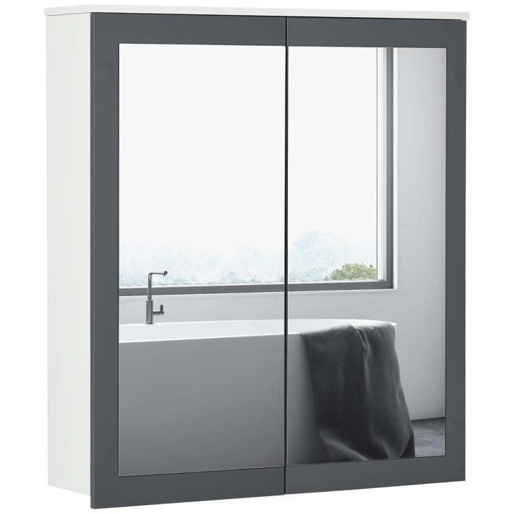 White wall-mounted bathroom mirror cabinet with double doors and glass-mirror center panel