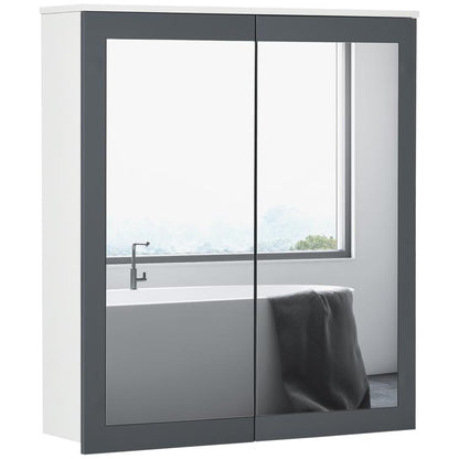 White wall-mounted bathroom mirror cabinet with double doors and glass-mirror center panel