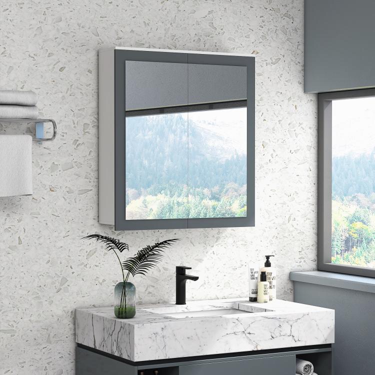 Wall-mounted bathroom mirror cabinet with square frame and reflective glass double doors
