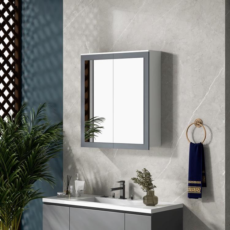 Bathroom medicine cabinet with mirror doors in a dark gray frame on wall-mount housing