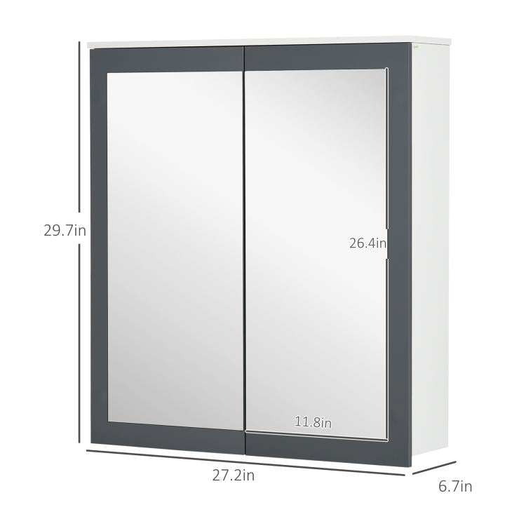 White mirrored double-door wall cabinet with side depth and height layout