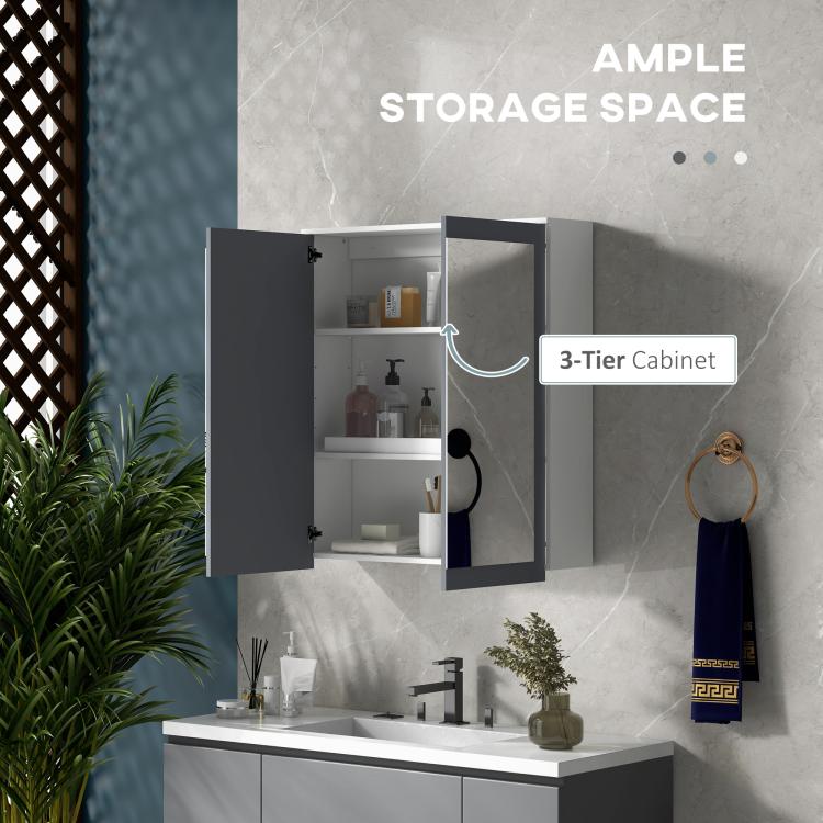 Bathroom mirror cabinet with two doors open to reveal interior shelving compartments