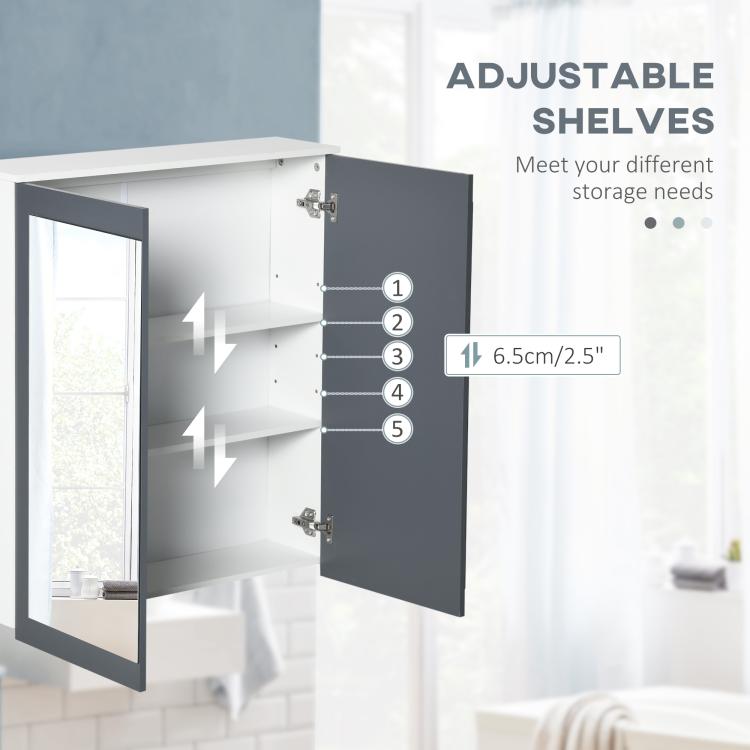 Bathroom mirror cabinet with adjustable shelves inside behind open hinged door
