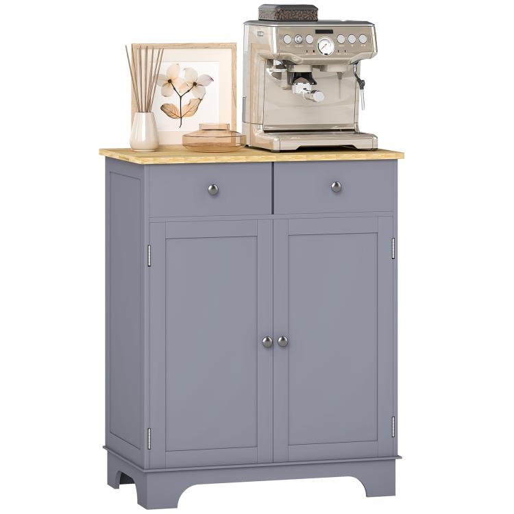 Gray kitchen storage cabinet with solid wood top, two drawers, and double-door storage.