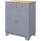 Gray sideboard cabinet with solid wood top, two drawers, and two cabinet doors.