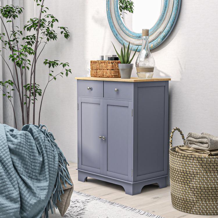 Gray kitchen storage cabinet with solid wood top, two drawers, and two door cupboards