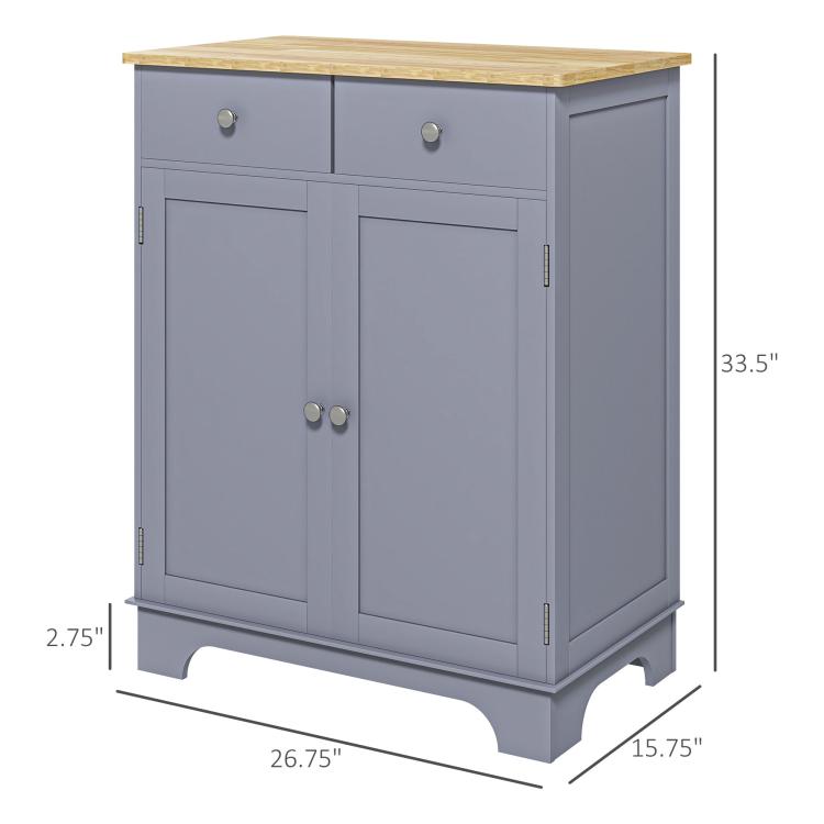 Gray kitchen sideboard cabinet with wood top, double doors, and two drawers; size view.