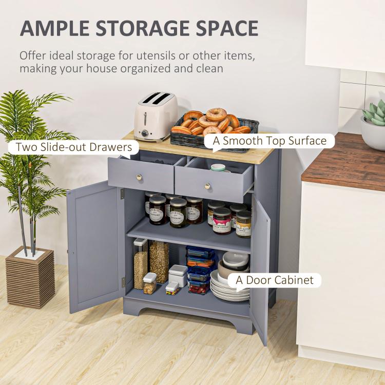 Gray storage cabinet with wood top, open shelves, slide-out drawers, and double doors.