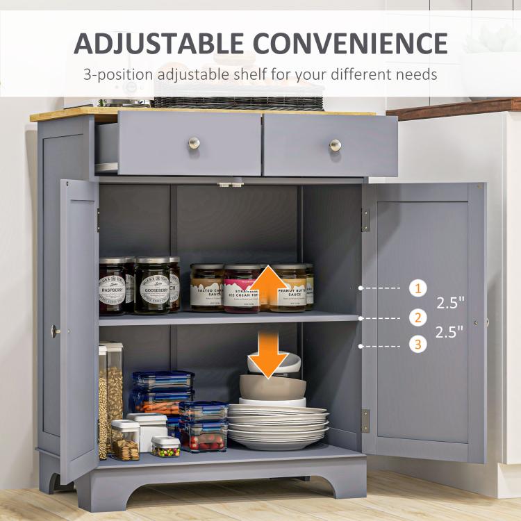Gray cabinet with wood top showing adjustable open shelf, slide-out drawers, and doors.
