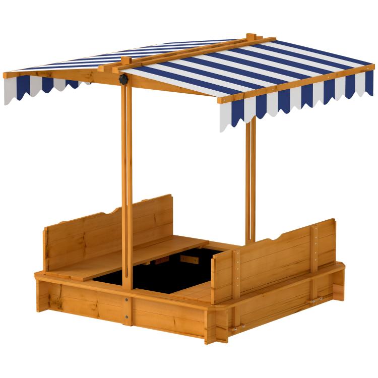 Wooden kids sandbox with striped canopy top and two side bench panels