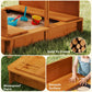 Brown wooden kids sandbox with foldable bench seats and smooth waterproof finish detail