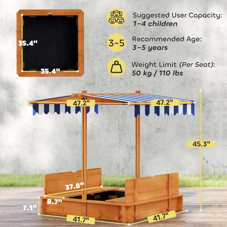 Wooden kids sandbox size diagram with striped canopy and open bench seats