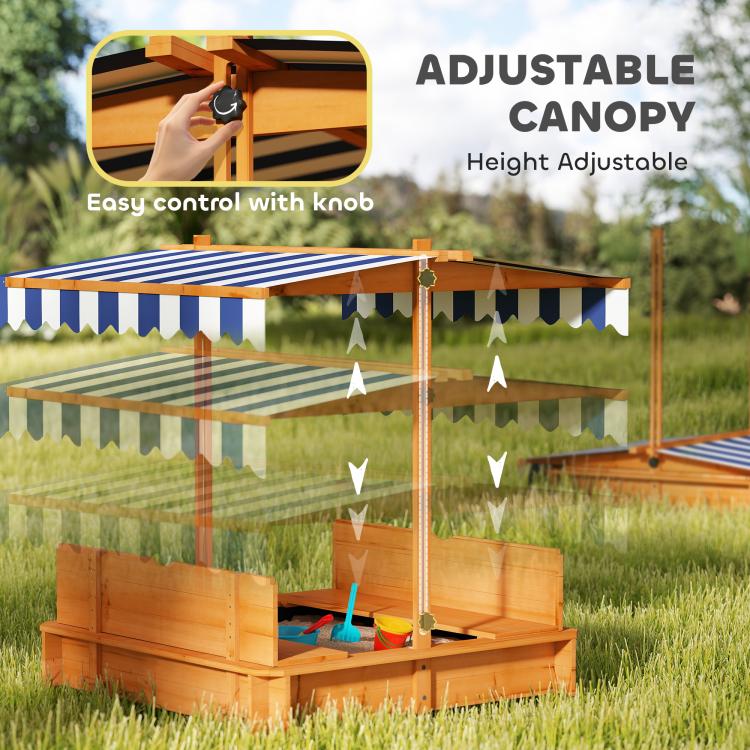 Wooden kids sandbox with adjustable height canopy and knob control detail