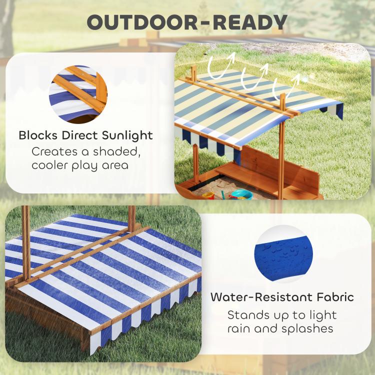 Outdoor wooden kids sandbox with striped canopy fabric and water-resistant cover
