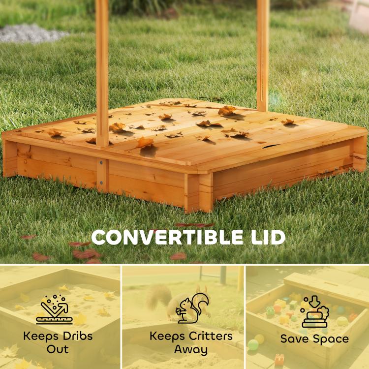 Wooden kids sandbox with convertible lid covering the sand area