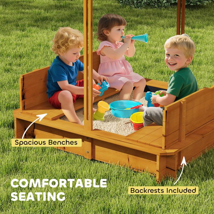 Wooden kids sandbox with spacious bench seating and children playing inside