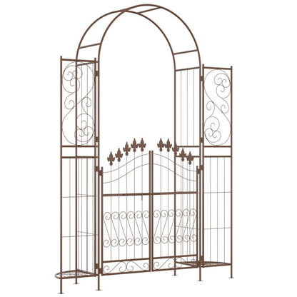 Brown metal garden arch arbor with double gate and decorative scrollwork panels