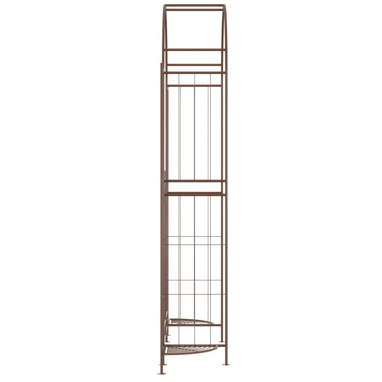 Brown metal garden arbor with vertical trellis bars and bottom shelf planter