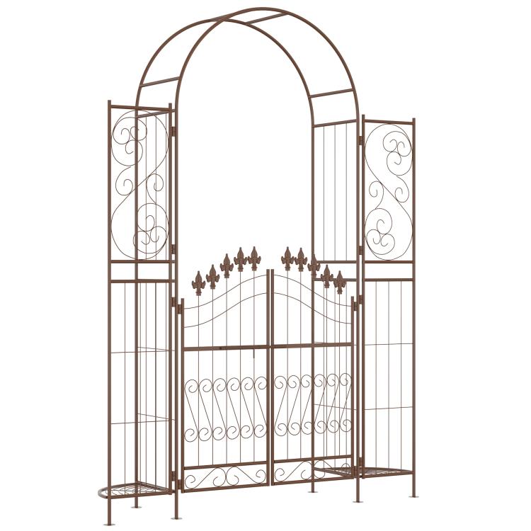 Brown metal garden arch arbor with gate, scrollwork side panels, arched top