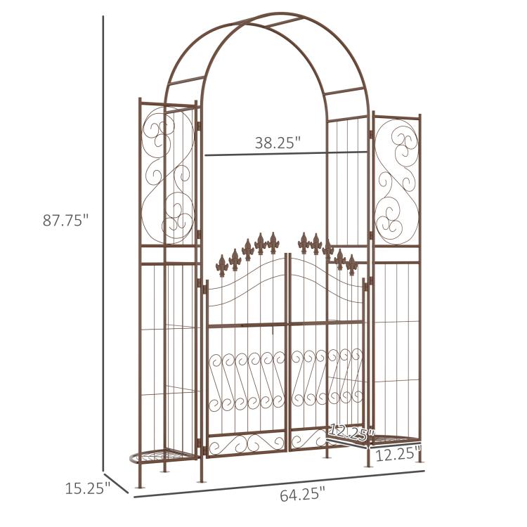Brown metal garden arch arbor gate with dimensions marked on the frame