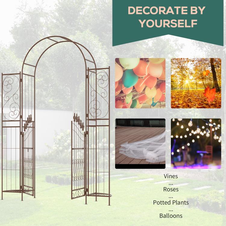 Brown metal garden arch arbor gate shown with DIY layout and suggested vine/plant use