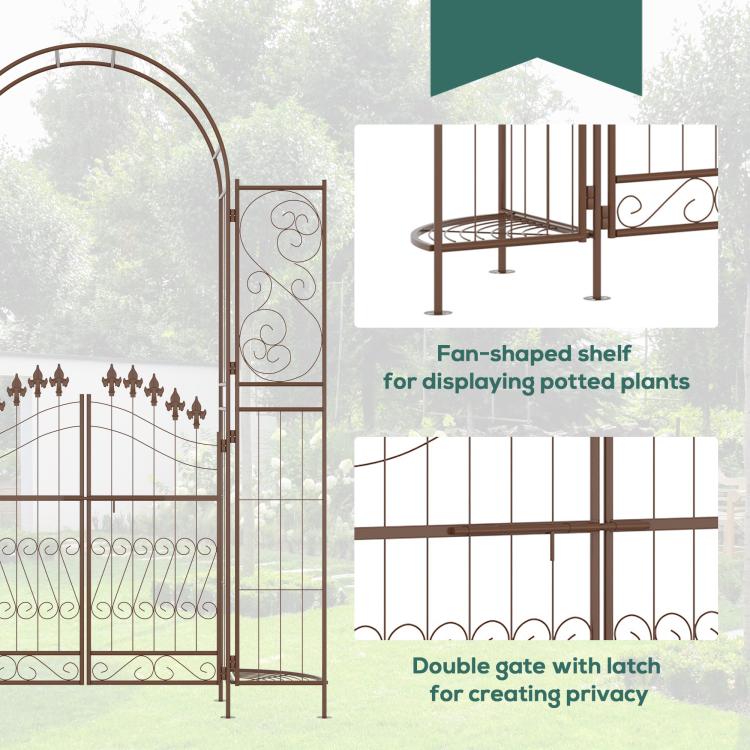 Brown metal garden arch arbor gate with fan-shaped shelf and double latch gate details