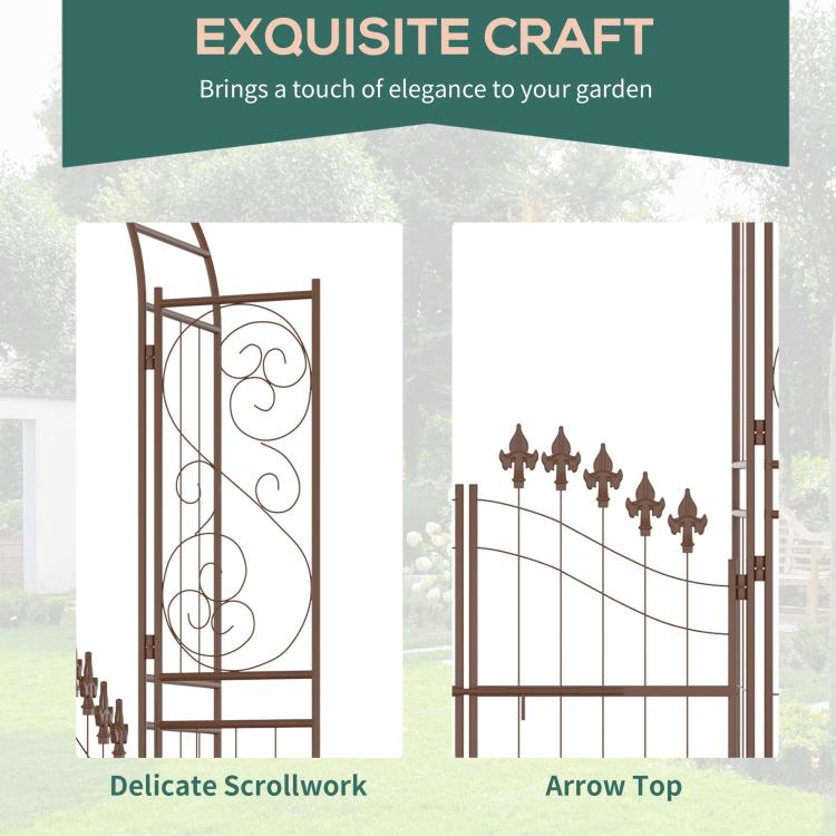 Brown metal garden arch arbor gate highlighting delicate scrollwork and arrow-top finials