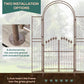 Brown metal garden arch arbor gate with two installation options shown for ground mounting