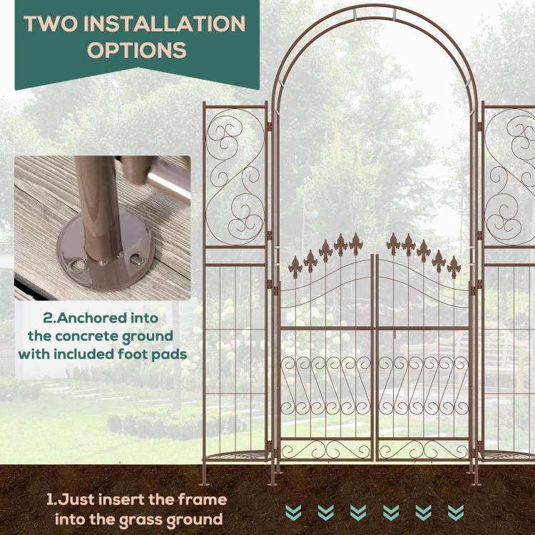 Brown metal garden arch arbor gate with two installation options shown for ground mounting