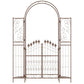 Brown metal garden arch arbor gate with double doors, lattice panels, and ornate finials