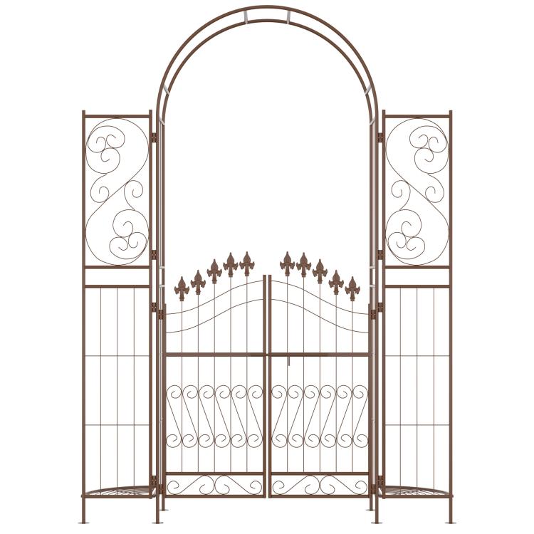 Brown metal garden arch arbor gate with double doors, lattice panels, and ornate finials