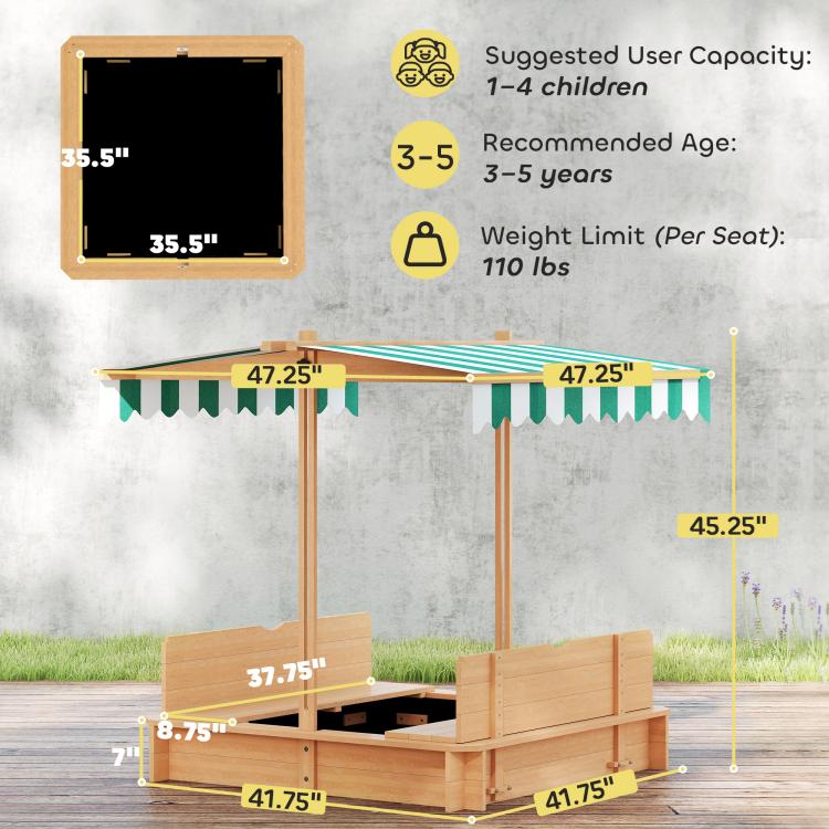 Wooden kids sandbox with striped canopy and bench seats, dimensions diagram