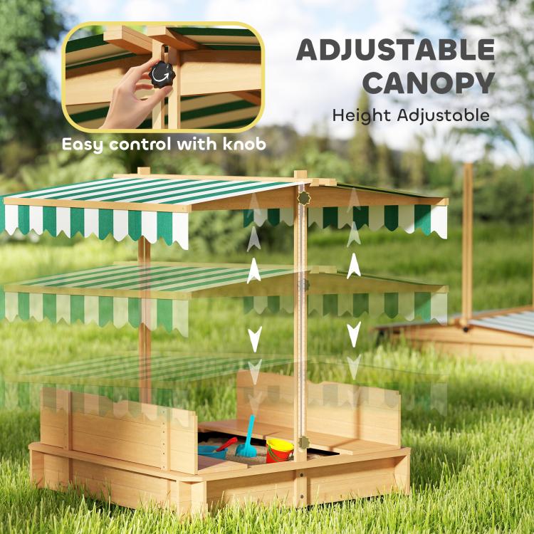 Adjustable canopy kids wooden sandbox with striped cover and bench seats